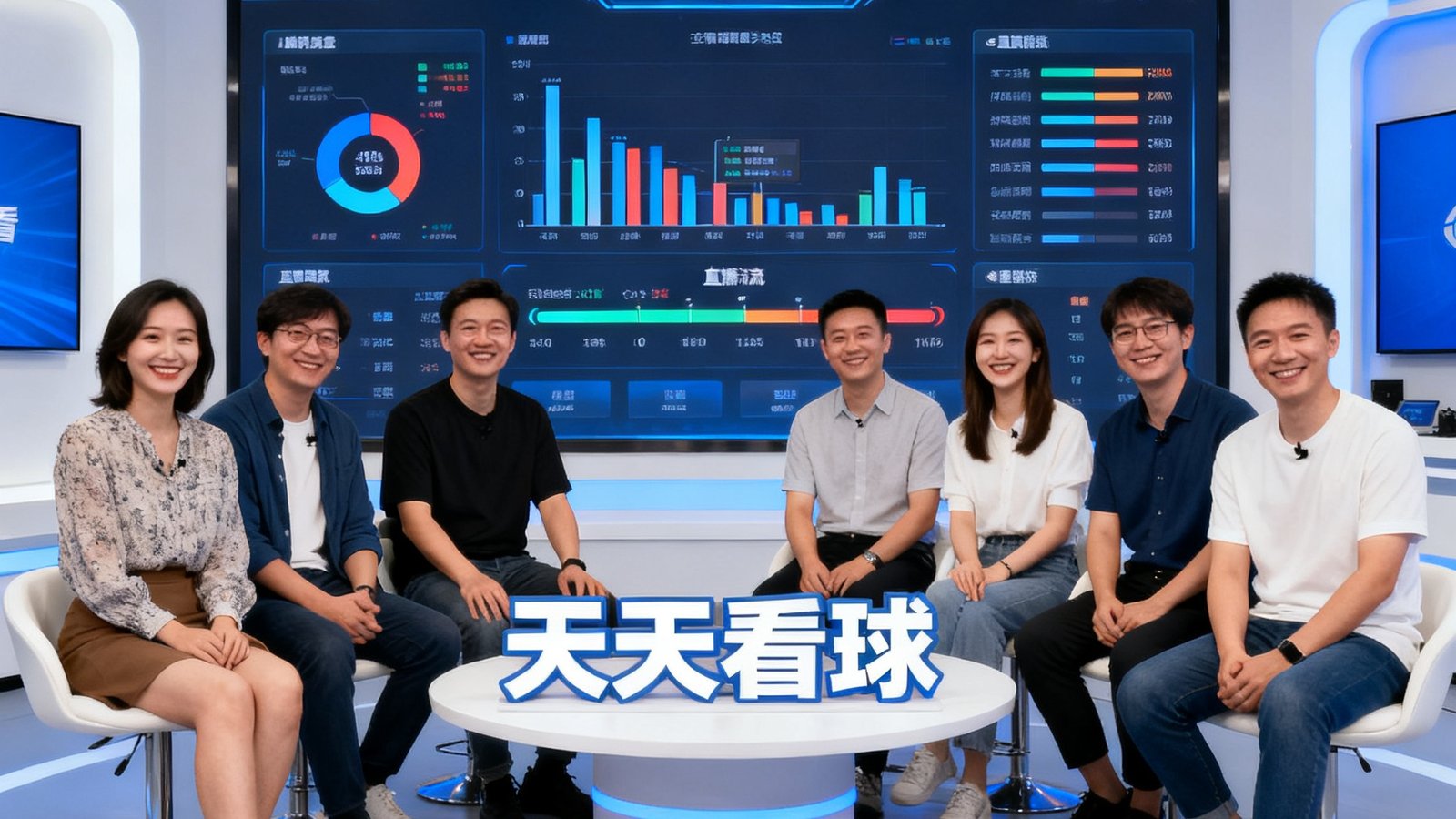 天天看球团队在现代化演播室中，背景是大屏显示实时数据监控和直播流状态，大家面带微笑