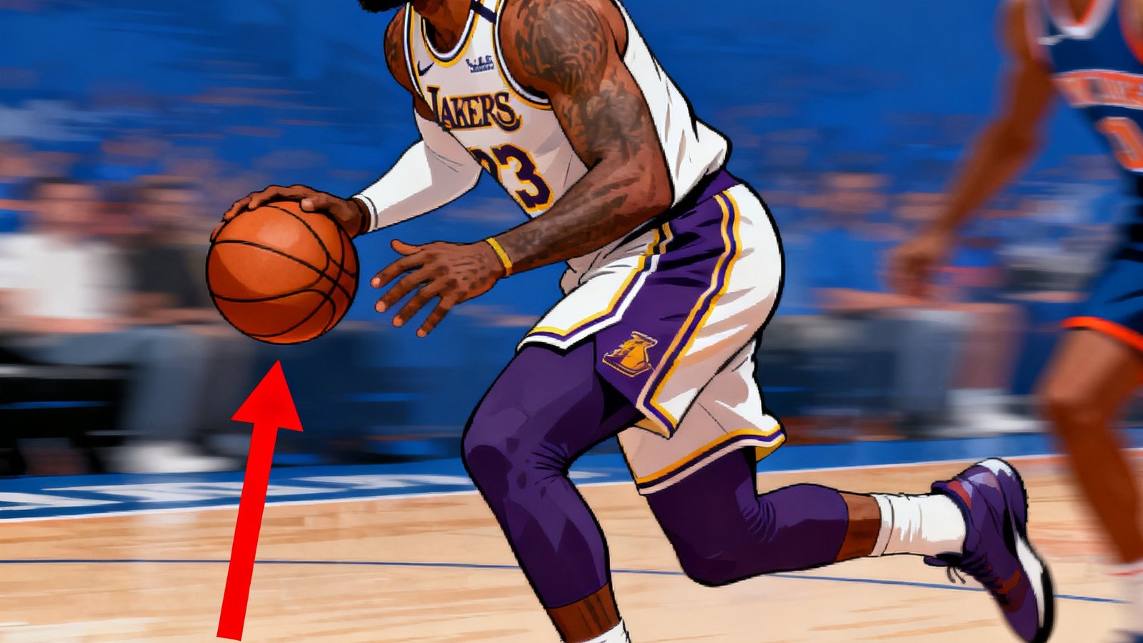 NBA季后赛战术分析文章配图，勒布朗·詹姆斯持球突破，画面上有战术箭头